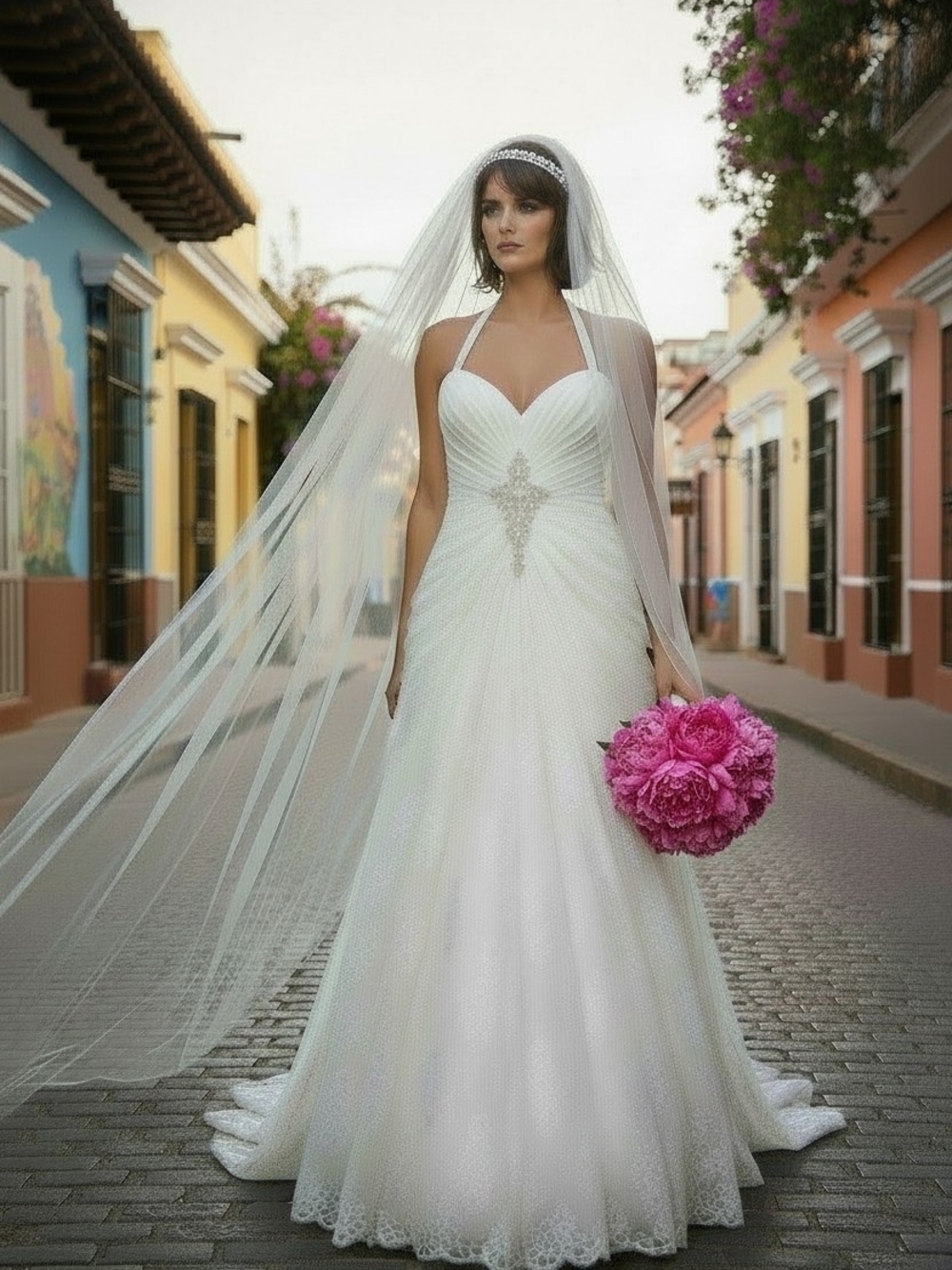 Cosmobella Halter White Lace Bridal Gown - Size 12
